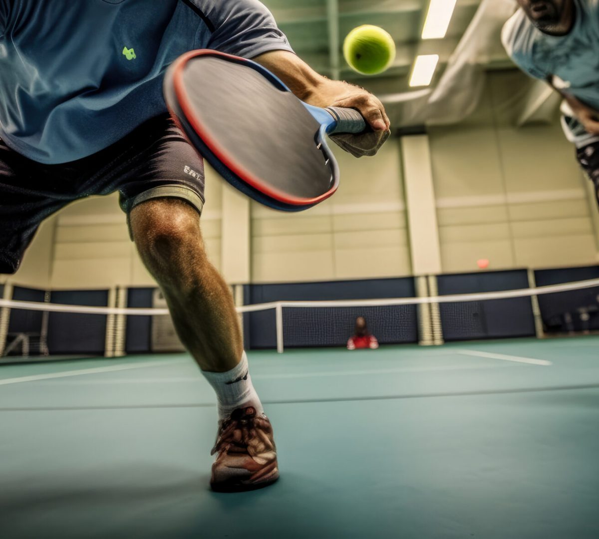 Intense pickleball match captured from a low-angle perspective